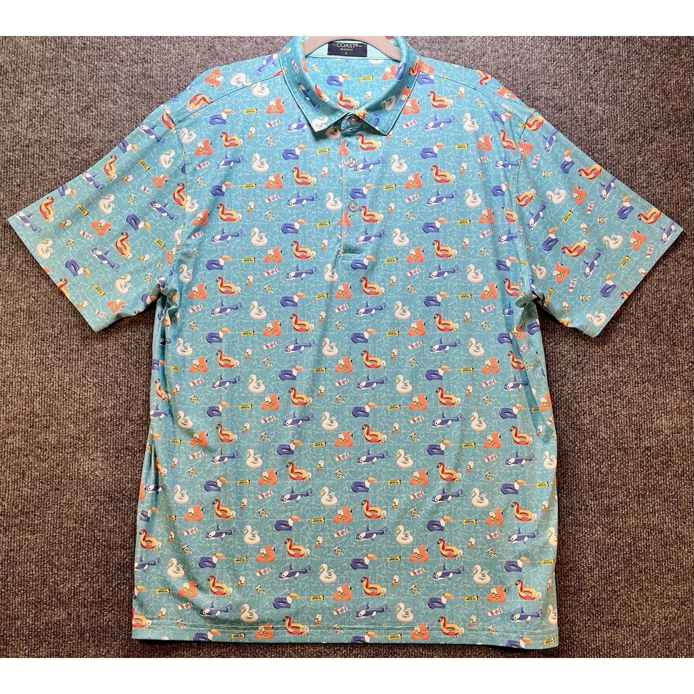 Coast Slipknot Men's L Polo Shirt Pool Floats Fish Print Summer Golf Party Fun